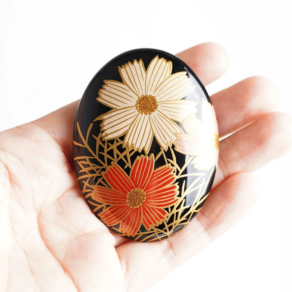 Maki-e Urushi Lacquer Brooch - Katsura(Japanese judas tree) / Cosmos Flower -, Traditional Japanese Urushi Lacquer Jewelry