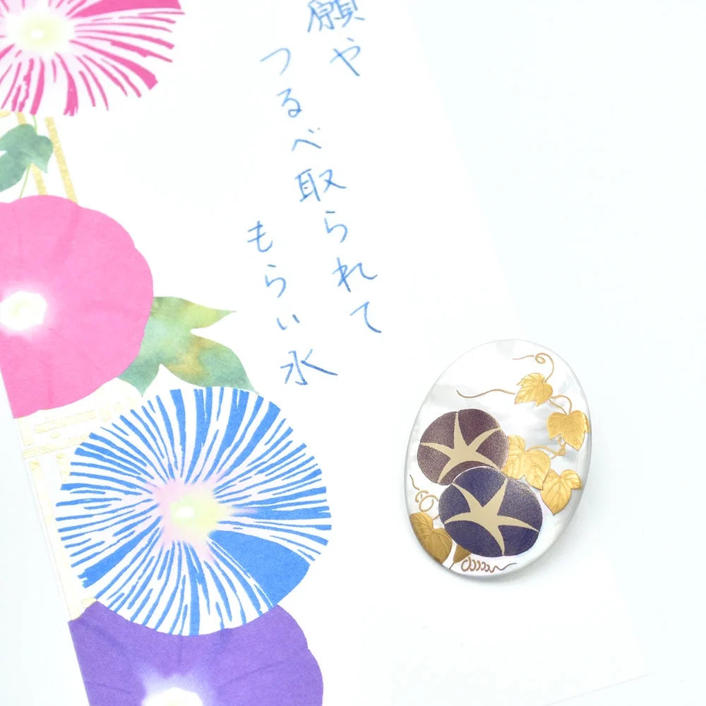 Maki-e Urushi Lacquer Brooch - White South Sea Pearl Shell / Morning Glory / Blue -, Traditional Japanese Urushi Lacquer Jewelry