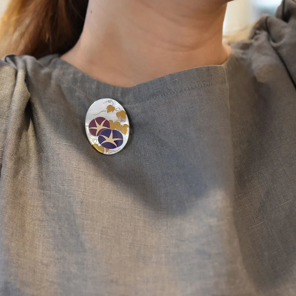 Maki-e Urushi Lacquer Brooch - White South Sea Pearl Shell / Morning Glory / Blue -, Traditional Japanese Urushi Lacquer Jewelry