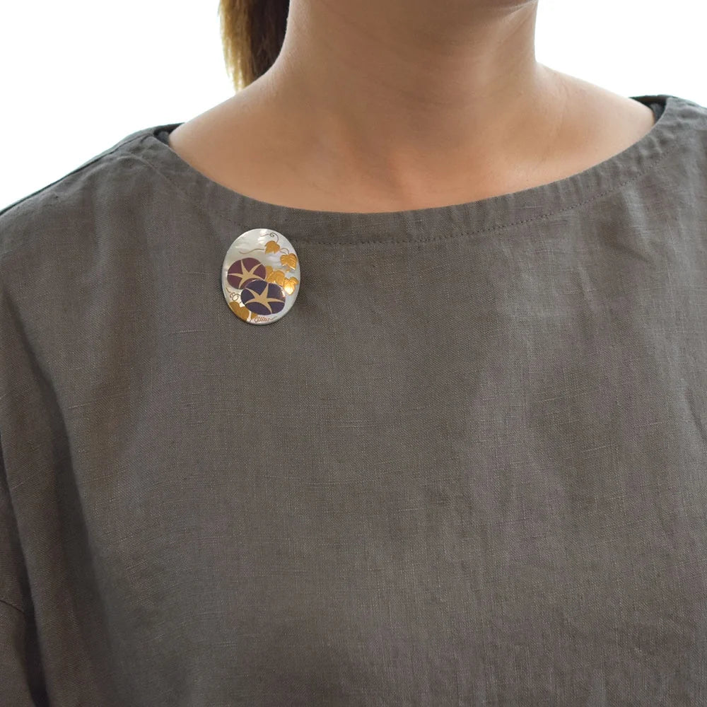 Maki-e Urushi Lacquer Brooch - White South Sea Pearl Shell / Morning Glory / Blue -, Traditional Japanese Urushi Lacquer Jewelry