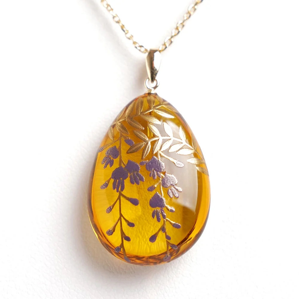 Maki-e Urushi Lacquer Pendant Necklace - Amber / Wisteria -, Traditional Japanese Urushi Lacquer Jewelry