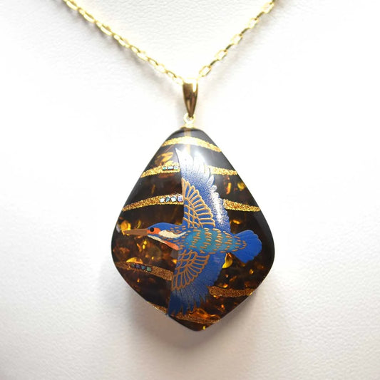 Maki-e Urushi Lacquer Pendant Necklace - Amber / Kingfisher -, Traditional Japanese Urushi Lacquer Jewelry