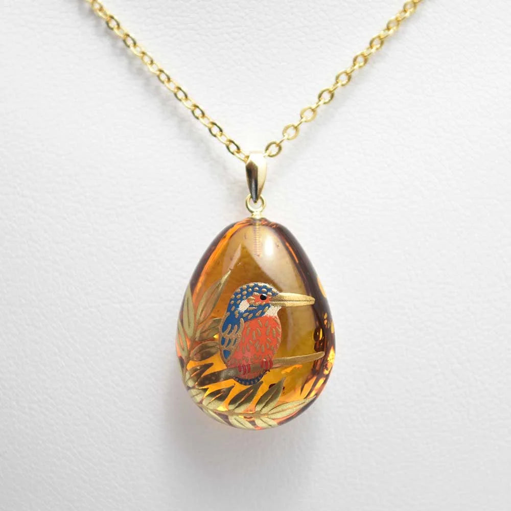 Maki-e Urushi Lacquer Pendant Necklace - Amber / Kingfisher -, Traditional Japanese Urushi Lacquer Jewelry