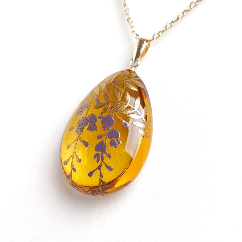 Maki-e Urushi Lacquer Pendant Necklace - Amber / Wisteria -, Traditional Japanese Urushi Lacquer Jewelry