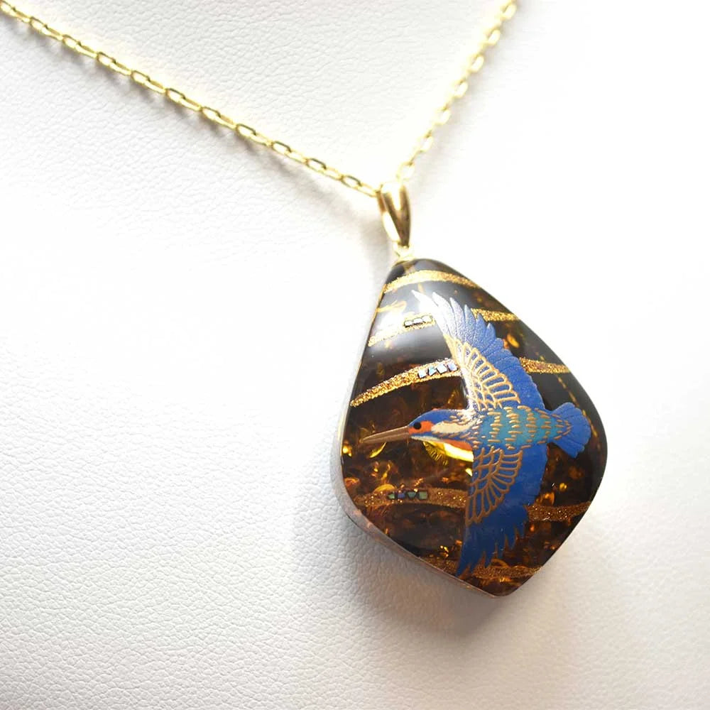 Maki-e Urushi Lacquer Pendant Necklace - Amber / Kingfisher -, Traditional Japanese Urushi Lacquer Jewelry