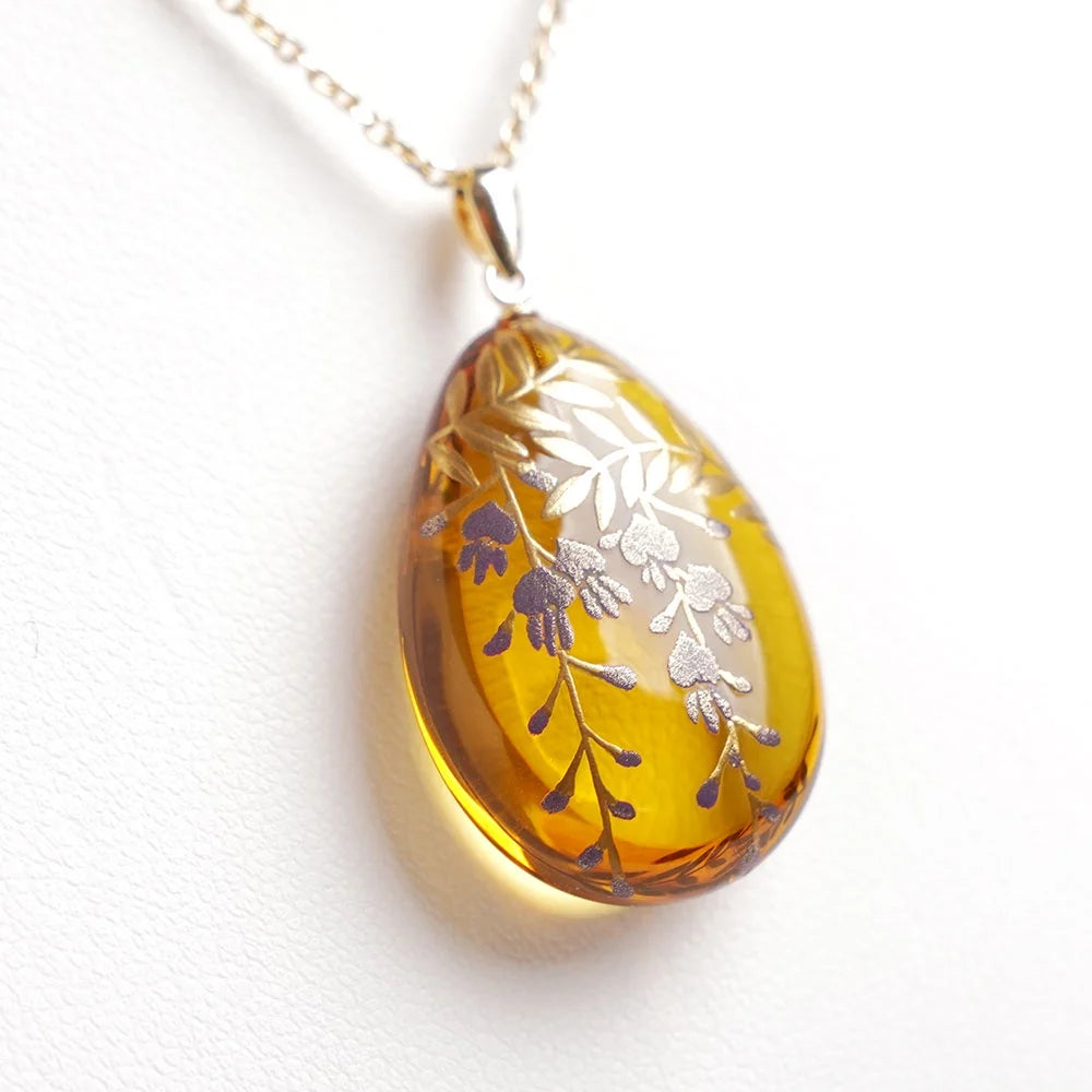 Maki-e Urushi Lacquer Pendant Necklace - Amber / Wisteria -, Traditional Japanese Urushi Lacquer Jewelry