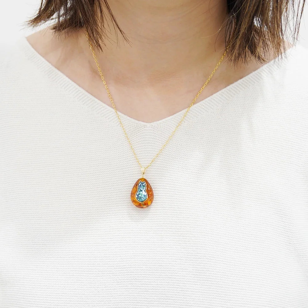 Maki-e Urushi Lacquer Pendant Necklace - Amber / Cherry Blossom -, Traditional Japanese Urushi Lacquer Jewelry