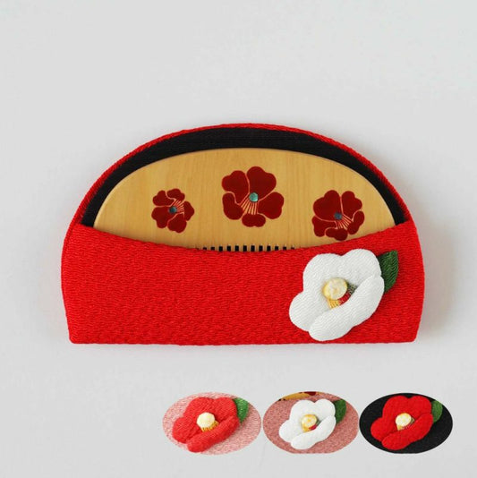 Japanese Maki-e Urushi Lacquer Tsuge (Boxwood) Comb with Chirimen (Crepe Fabric) Case - Camellia - ,  Handmade in Kyoto, Japan,  Japanese traditional hair comb