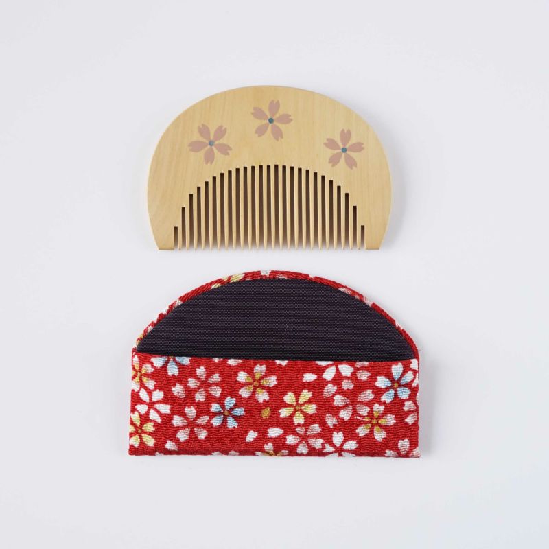 Japanese Maki-e Urushi Lacquer Tsuge (Boxwood) Comb with Chirimen (Crepe Fabric) Case - Cherry Blossom - ,  Handmade in Kyoto, Japan,  Japanese traditional hair comb