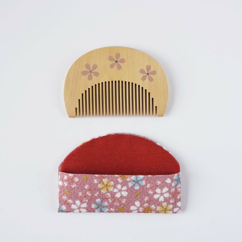 Japanese Maki-e Urushi Lacquer Tsuge (Boxwood) Comb with Chirimen (Crepe Fabric) Case - Cherry Blossom - ,  Handmade in Kyoto, Japan,  Japanese traditional hair comb