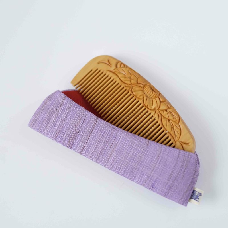 Japanese Tsuge (Boxwood) Comb with Hand Woven Linen Case - Camellia - ,  Handmade in Kyoto, Japan,  Japanese traditional hair comb