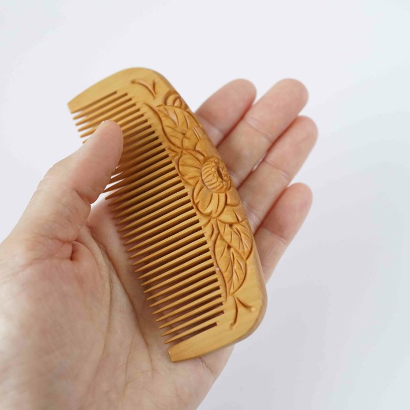 Japanese Tsuge (Boxwood) Comb with Hand Woven Linen Case - Camellia - ,  Handmade in Kyoto, Japan,  Japanese traditional hair comb