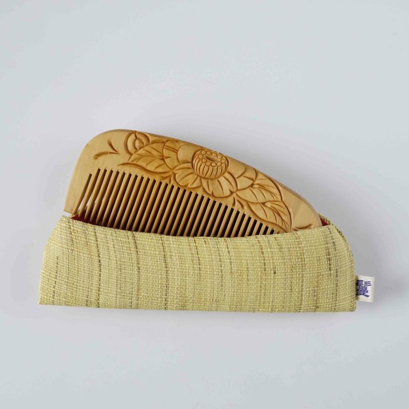 Japanese Tsuge (Boxwood) Comb with Hand Woven Linen Case - Camellia - ,  Handmade in Kyoto, Japan,  Japanese traditional hair comb