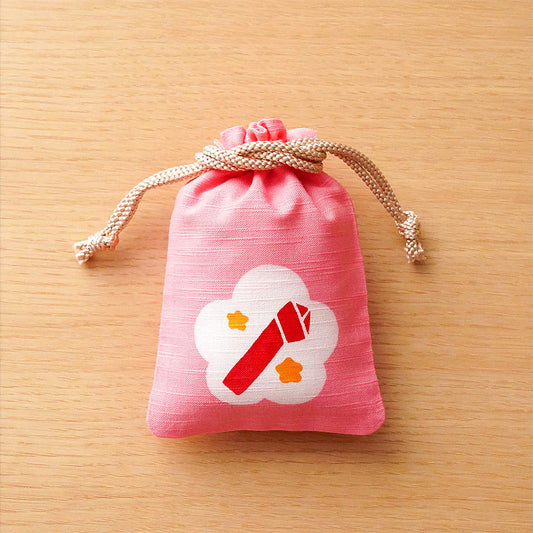 Katazome Small Talisman Bag - Japanese Apricot and Japanese Knotted Paper -,  Drawstring Pouch,  Japanese traditional craft bag