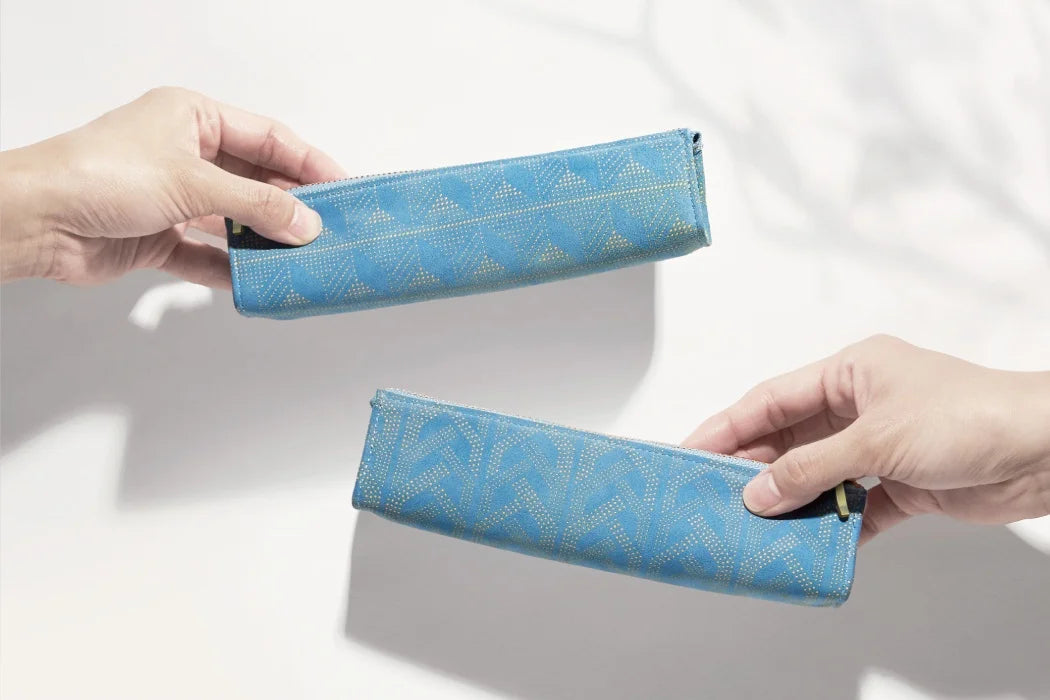 Koshu Inden Japanese Deerskin Leather Pencil Case - Upside down Mt. Fuji / Light Blue - , Made in Japan,  Japanese traditional craft pencil case