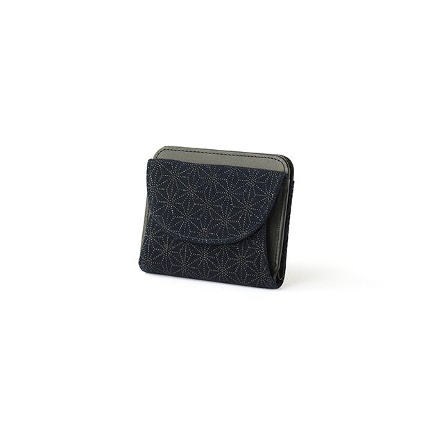 Koshu Inden Japanese Deerskin Leather with Urushi (Japanese Lacquer) Fold Wallet - Asanoha (hemp leaf) Pattern / Iron Blue - ,  Made in Japan,  Japanese Leather Wallet