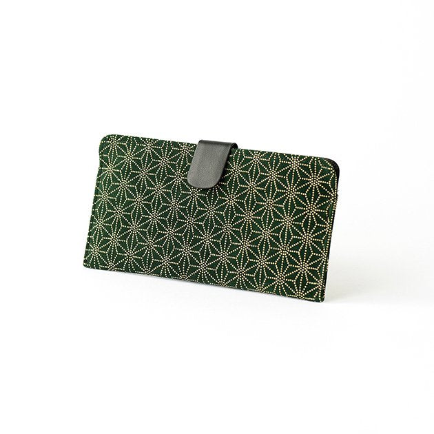 Koshu Inden Japanese Deerskin Leather with Urushi (Japanese Lacquer) Long Wallet - Asanoha (hemp leaf) Pattern / Dark Green - ,  Made in Japan,  Japanese Leather Wallet