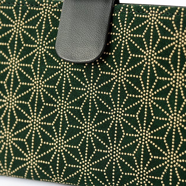 Koshu Inden Japanese Deerskin Leather with Urushi (Japanese Lacquer) Long Wallet - Asanoha (hemp leaf) Pattern / Dark Green - ,  Made in Japan,  Japanese Leather Wallet