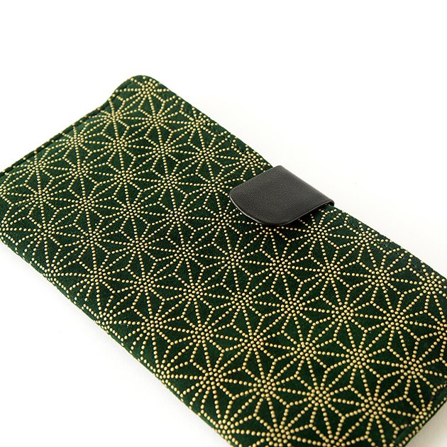 Koshu Inden Japanese Deerskin Leather with Urushi (Japanese Lacquer) Long Wallet - Asanoha (hemp leaf) Pattern / Dark Green - ,  Made in Japan,  Japanese Leather Wallet