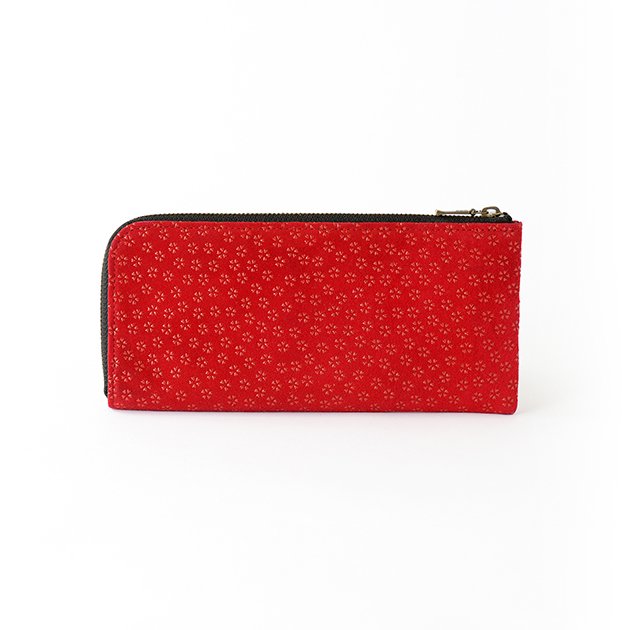 Koshu Inden Japanese Deerskin Leather with Urushi (Japanese Lacquer) L-Zip Long Wallet - Cherry Blossom / Red - ,  Made in Japan,  Japanese Leather Wallet