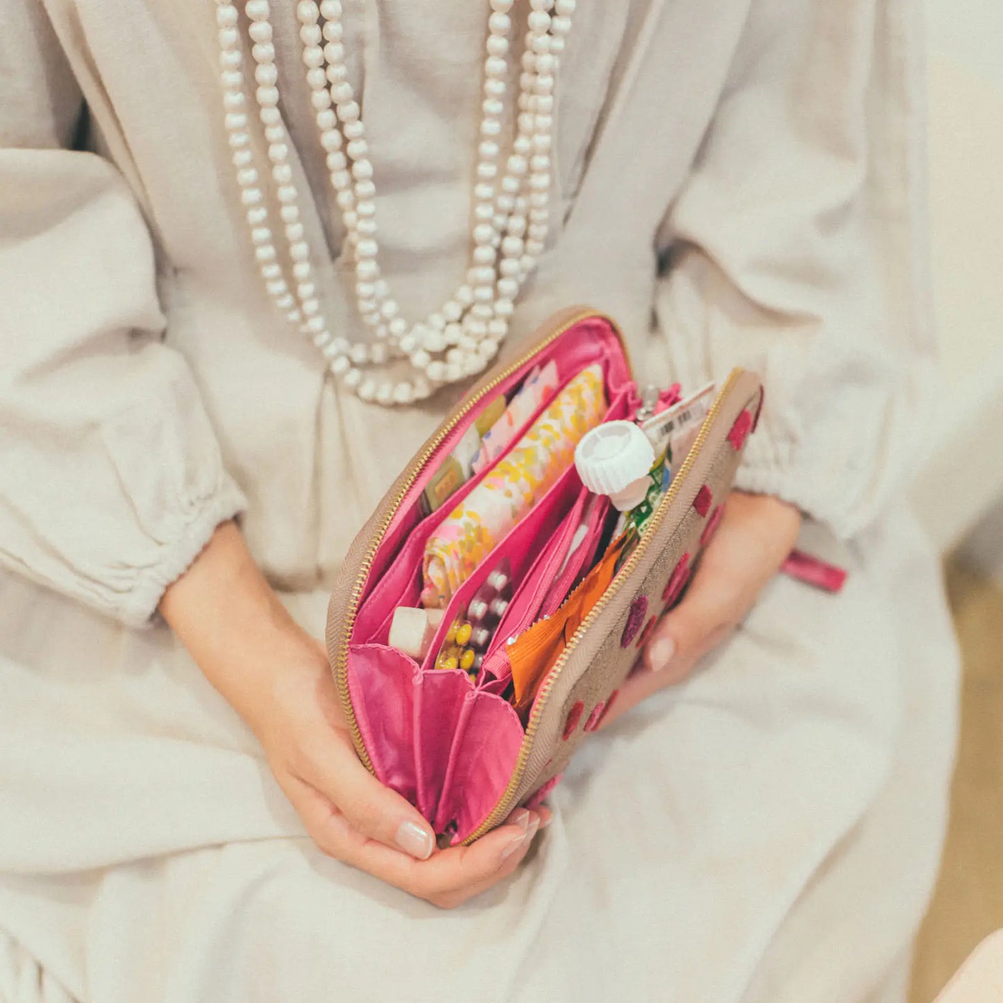 Koyaguchi Pile Fabric: Pink Sparkle Drawer Pouch Áne,  Hobonichi Drawer Pouch Áne