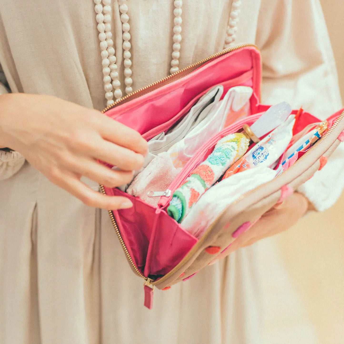 Koyaguchi Pile Fabric: Pink Sparkle Large Drawer Pouch,  Hobonichi Large Drawer Pouch