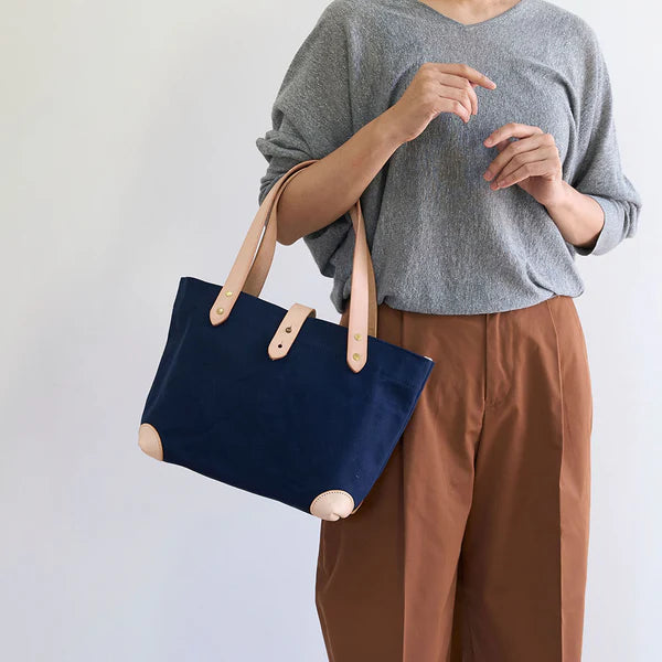 Kurashiki Hampu Canvas Button Stud Tote Bag - Navy Blue -