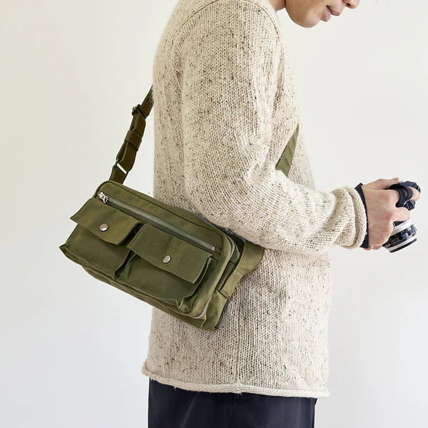 Kurashiki Hampu Canvas Shoulder Bag - Khaki -, Japanese canvas shoulder bag