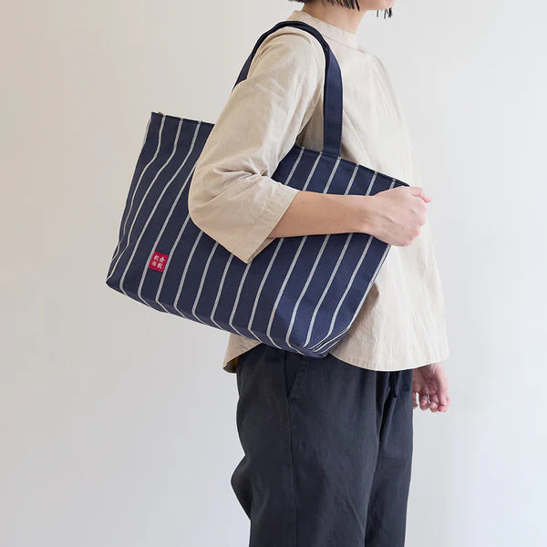 Kurashiki Hampu Canvas Striped Pattern Zipper Tote Bag - Red -, Japanese canvas tote bag