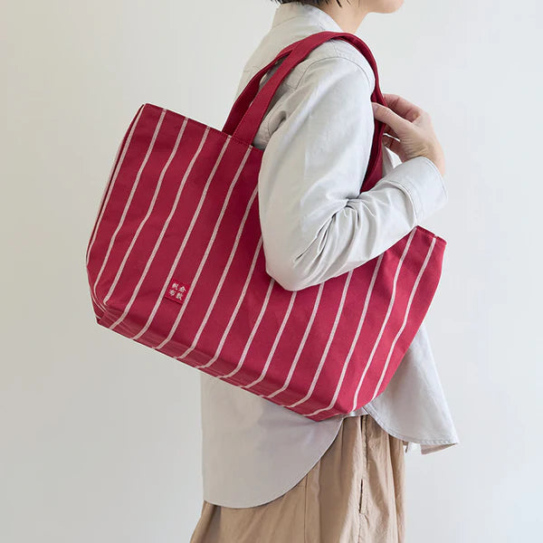 Kurashiki Hampu Canvas Striped Pattern Zipper Tote Bag - Red -, Japanese canvas tote bag