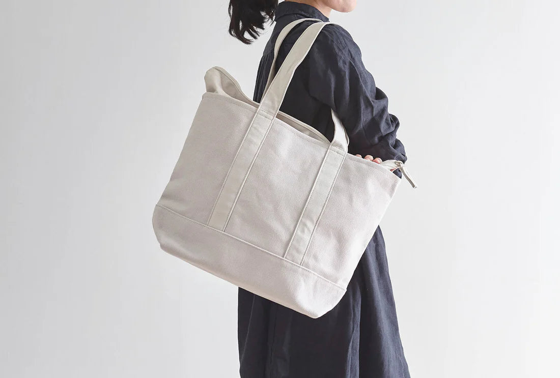 Kurashiki Hampu Canvas Zipper Tote Bag - Grayish White -, Japanese canvas tote bag