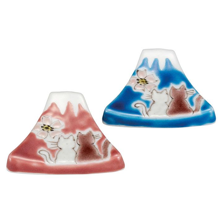Kutani Yaki(ware) Chopstick Rest Set of 2pcs - Mt.Fuji and Cats -,  Japanese Kutani Ware Chopstick Rest