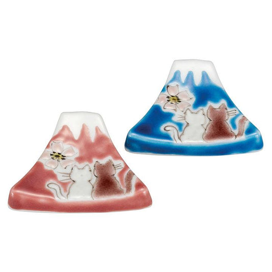 Kutani Yaki(ware) Chopstick Rest Set of 2pcs - Mt.Fuji and Cats -,  Japanese Kutani Ware Chopstick Rest