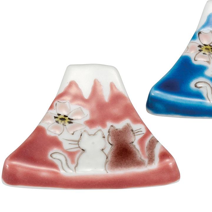 Kutani Yaki(ware) Chopstick Rest Set of 2pcs - Mt.Fuji and Cats -,  Japanese Kutani Ware Chopstick Rest