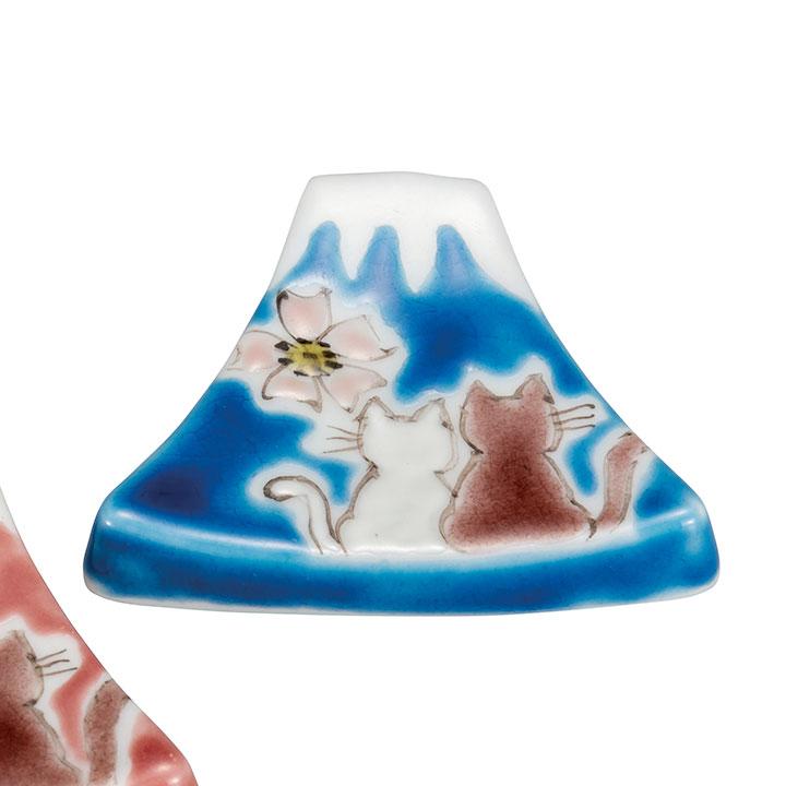 Kutani Yaki(ware) Chopstick Rest Set of 2pcs - Mt.Fuji and Cats -,  Japanese Kutani Ware Chopstick Rest