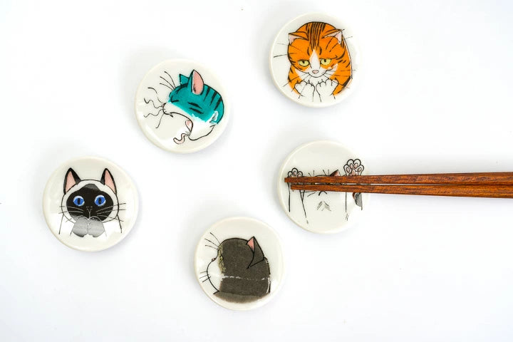 Kutani Yaki(ware) Chopstick Rest Set of 5pcs - Cat -,  Japanese Kutani Ware Chopstick Rest