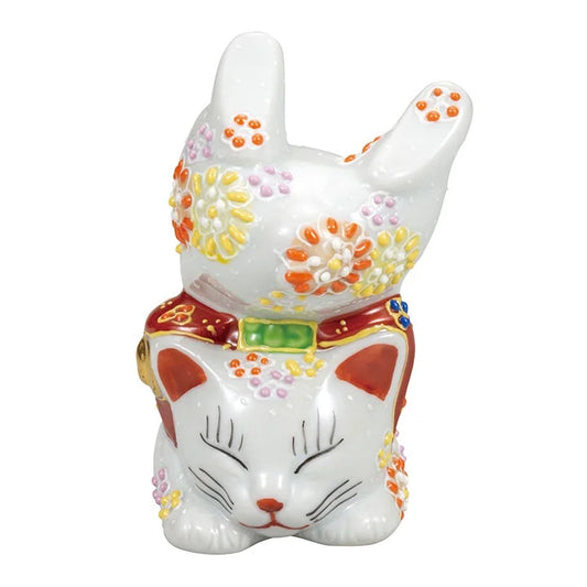 Kutani Yaki(ware) Japanese Maneki-Neko (Beckoning Cat) Figure - Handstand / Flower -, Japanese lucky cat figure