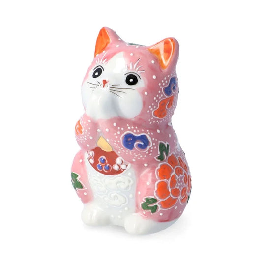 Kutani Yaki(ware) Japanese Maneki-Neko (Beckoning Cat) Figure - Praying / Pink -, Japanese lucky cat figure