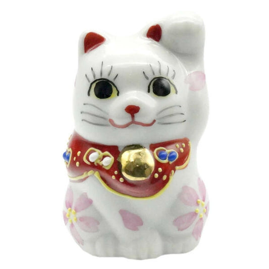 Kutani Yaki(ware) Japanese Mini Maneki-Neko (Beckoning Cat) Figure - Cherry Blossom / Pink / Left Hand -, Japanese lucky cat figure