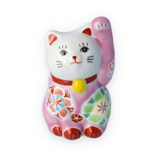 Kutani Yaki(ware) Japanese Maneki-Neko (Beckoning Cat) Figure - Cherry Blossom / Pink -, Japanese lucky cat figure