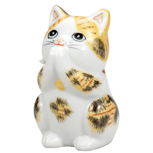 Kutani Yaki(ware) Japanese Maneki-Neko (Beckoning Cat) Figure - Praying / Gold -, Japanese lucky cat figure