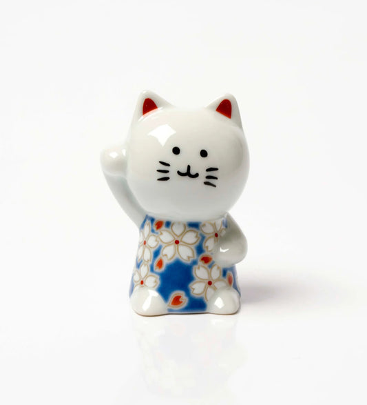 Kutani Yaki(ware) Japanese Maneki-Neko (Beckoning Cat) Figure - Cherry Blossom -