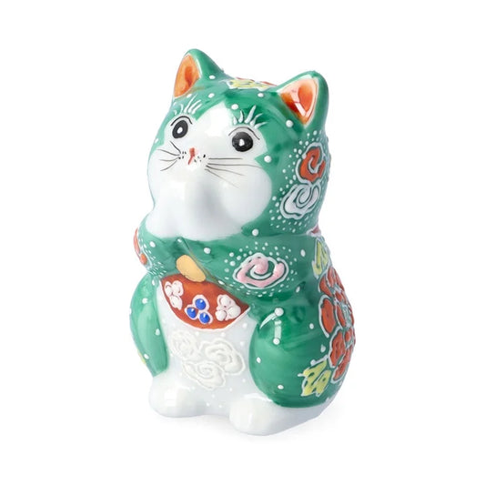 Kutani Yaki(ware) Japanese Maneki-Neko (Beckoning Cat) Figure - Praying / Green -, Japanese lucky cat figure