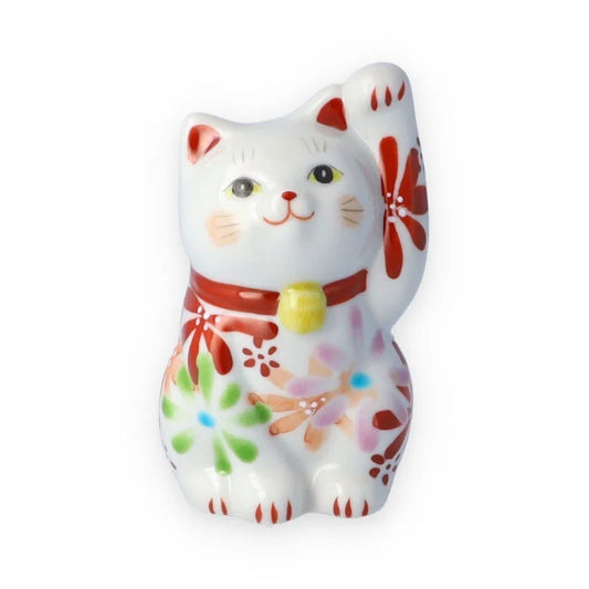 Kutani Yaki(ware) Japanese Maneki-Neko (Beckoning Cat) Figure - Flower / Red -, Japanese lucky cat figure