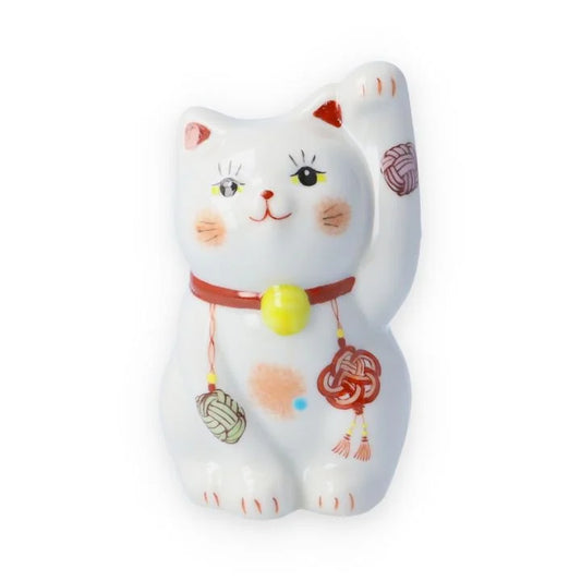 Kutani Yaki(ware) Japanese Maneki-Neko (Beckoning Cat) Figure - Mizuhiki(Traditional Japanese Decorative Knot Tying) / Red -, Japanese lucky cat figure