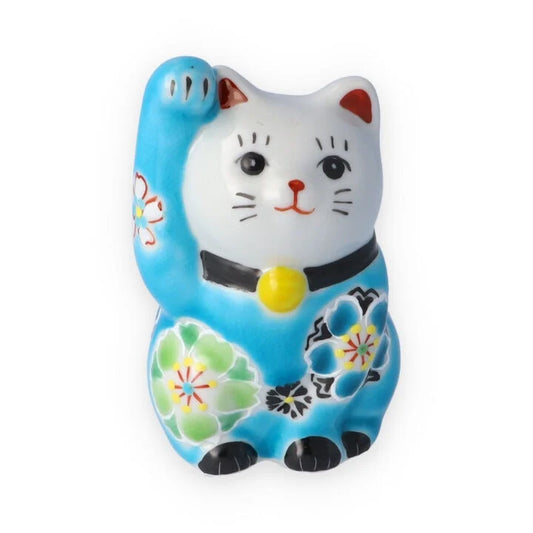 Kutani Yaki(ware) Japanese Maneki-Neko (Beckoning Cat) Figure - Cherry Blossom / Blue -, Japanese lucky cat figure