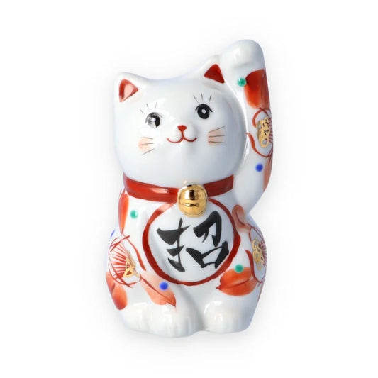 Kutani Yaki(ware) Japanese Maneki-Neko (Beckoning Cat) Figure - Camellia / Red -, Japanese lucky cat figure