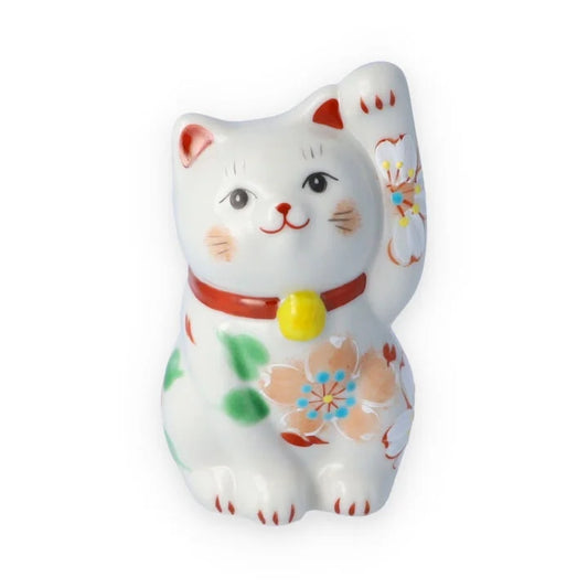Kutani Yaki(ware) Japanese Maneki-Neko (Beckoning Cat) Figure - Flower / Red -, Japanese lucky cat figure