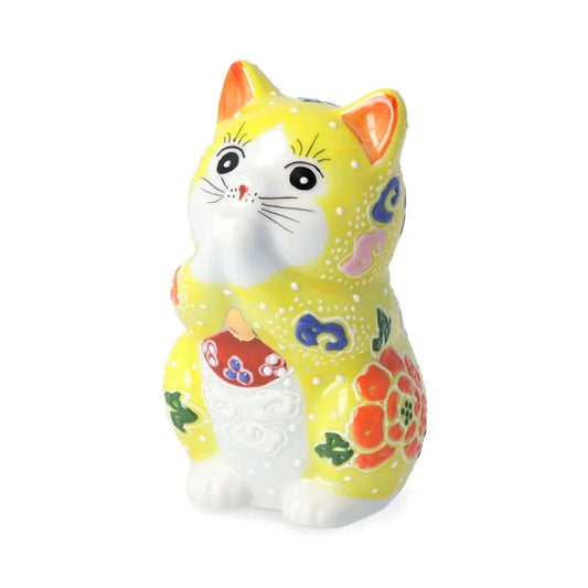 Kutani Yaki(ware) Japanese Maneki-Neko (Beckoning Cat) Figure - Praying / Yellow -, Japanese lucky cat figure