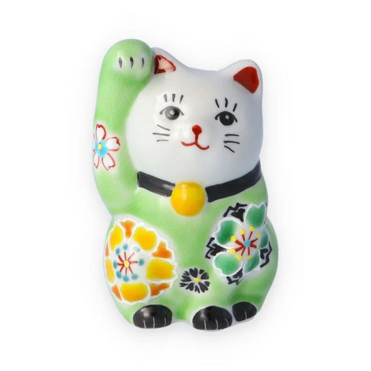 Kutani Yaki(ware) Japanese Maneki-Neko (Beckoning Cat) Figure - Cherry Blossom / Green -, Japanese lucky cat figure